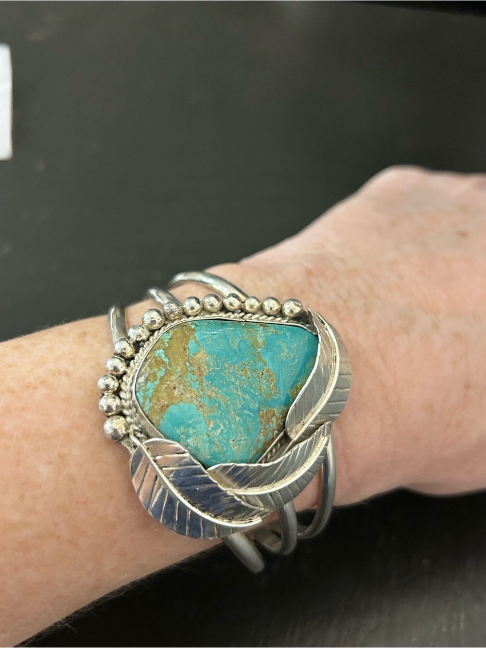 Sterling and Turquoise cuff with feather accents and beads